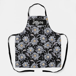 Silver Daisies on Black Personalized Apron