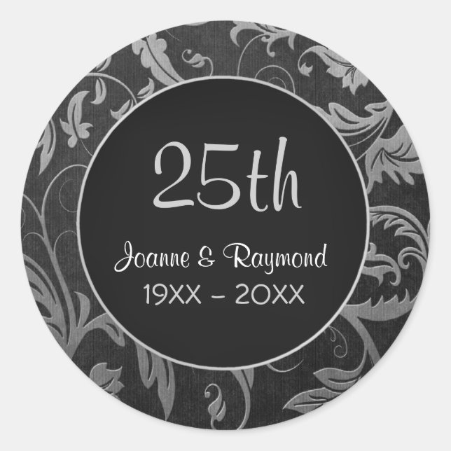 Silver Damask 25th Anniversary - Customize Classic Round Sticker (Front)