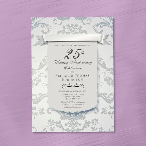 Silver Damask 25th Wedding Anniversary Invitation