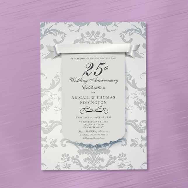 Silver Damask 25th Wedding Anniversary Invitation (Silver Damask 25th Wedding Anniversary Invitation)