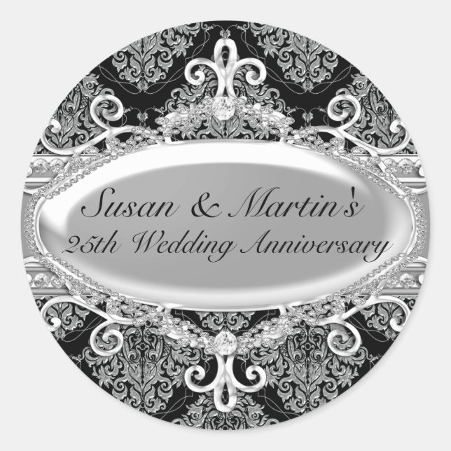 Silver Damask 25th Wedding Anniversary Sticker (Front)