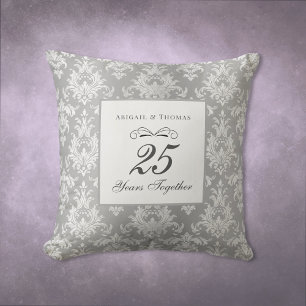 Silver Damask 25th Wedding Anniversary Throw Pillow