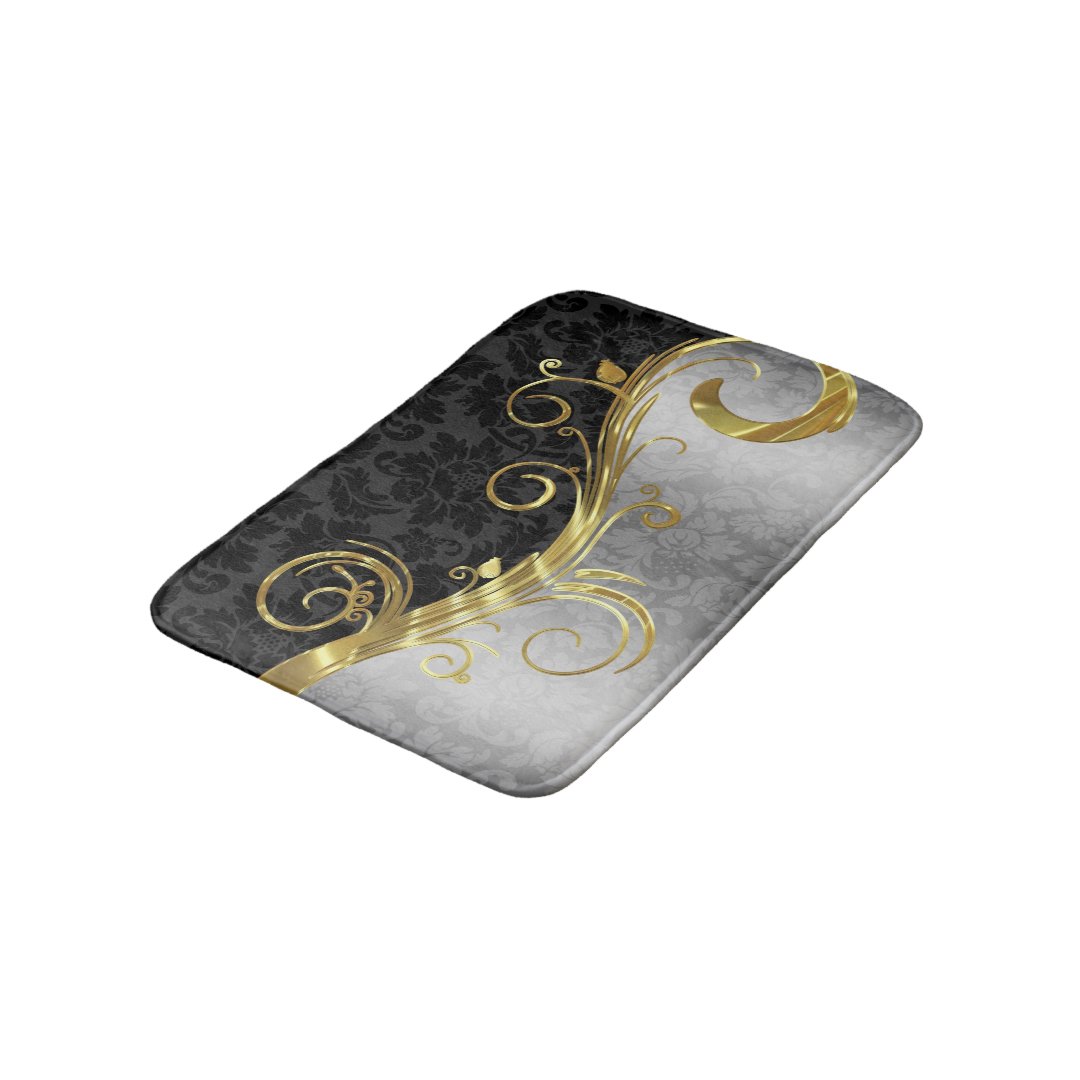Silver Damask And Black Damask Bath Mat Zazzle