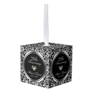 Silver Damask And Heart- Silver Anniversary Cube Ornament