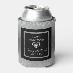 Silver Damask And Hearts- Wedding Anniversary Can Cooler