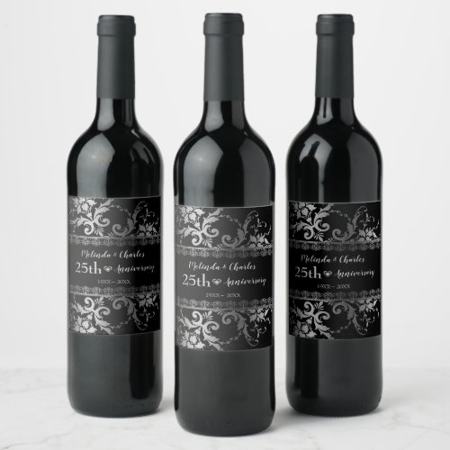Silver Damask And Lace Wine Label
