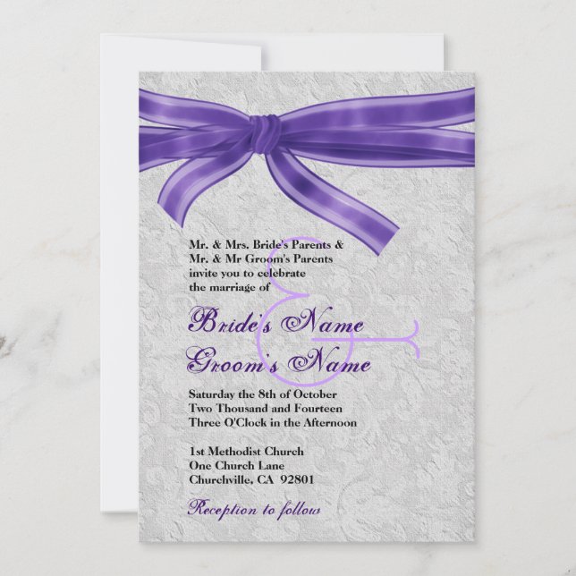 Silver Damask and Purple Bow Wedding Invitation (Front)