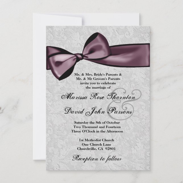 Silver Damask and Purple Plum Bow Wedding Invitation (Front)