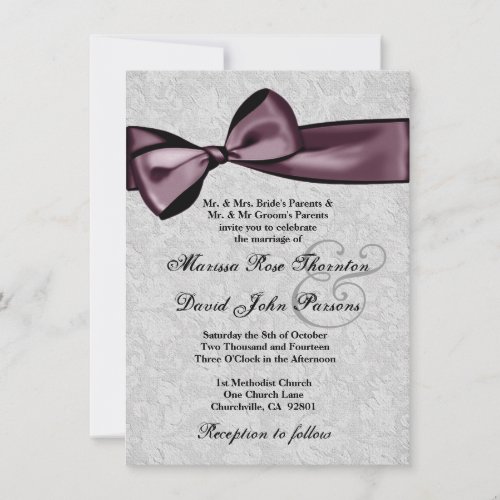 Silver Damask and Purple Plum Bow Wedding Invitation