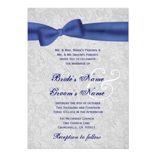 Silver Damask and Royal Blue Bow Wedding 5x7 Paper Invitation Card | Zazzle