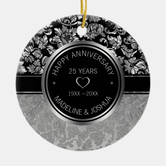 Silver Damask And Silver- Black Hearts Ceramic Orn Ceramic Ornament (Front)
