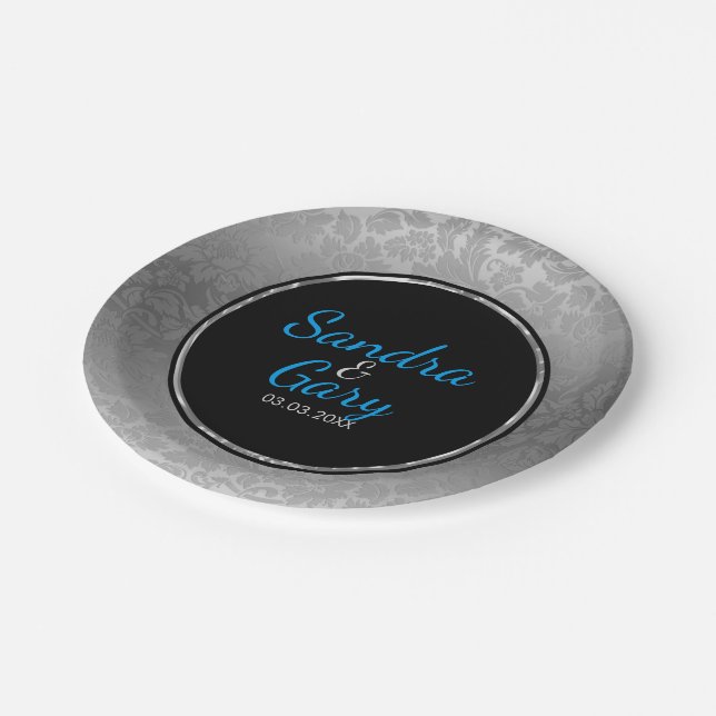 Silver Damask Black Circle With Silver Ring Paper Plates (Angled)