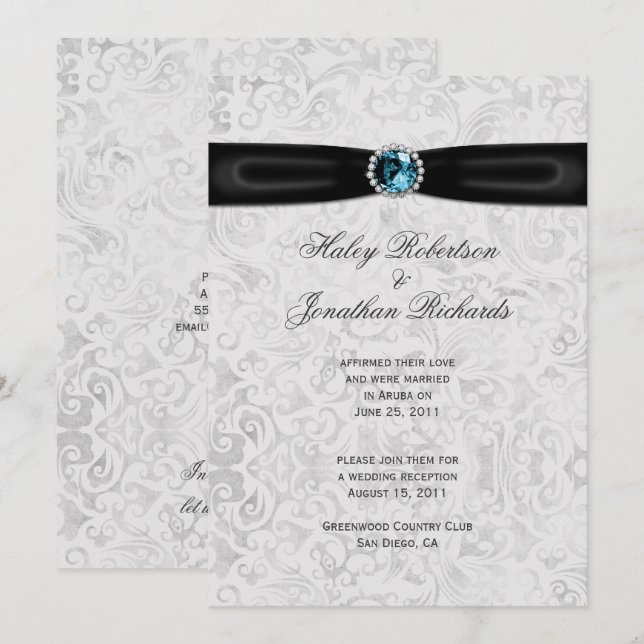 Silver Damask Black Ribbon Blue Jewel Post Wedding Invitation (Front/Back)