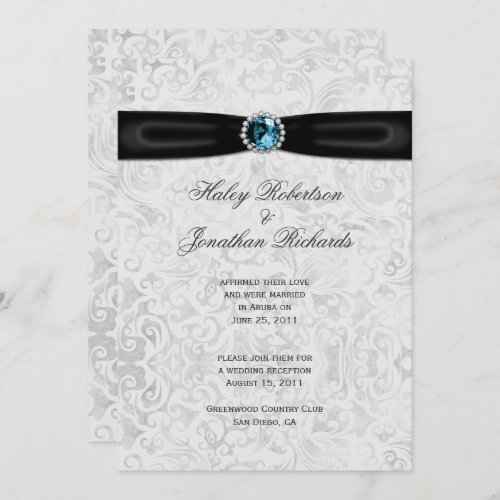 Silver Damask Black Ribbon Blue Jewel Post Wedding Invitation