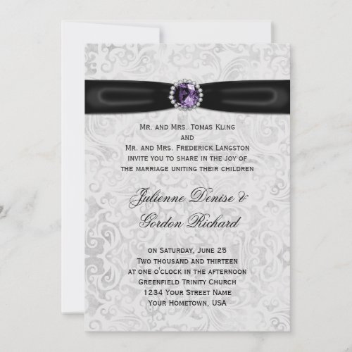 Silver Damask Black Ribbon Purple Jewel Wedding Invitation