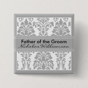 Silver Damask Bridal Party - Father of the Groom Button