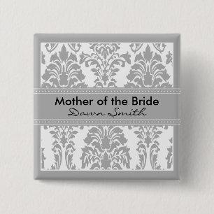 Silver Damask Bridal Party - Mother of the Bride Pinback Button