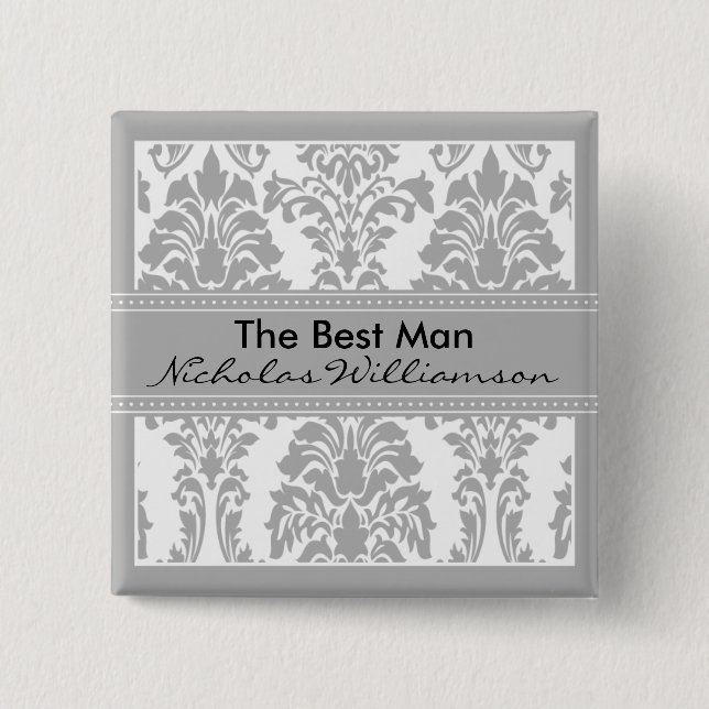 Silver Damask Bridal Party - The Best Man Button (Front)