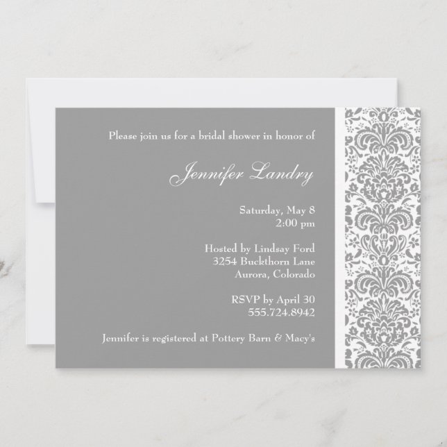 Silver Damask Bridal Shower Invitation (Front)