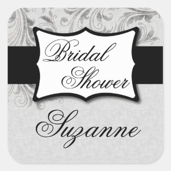 Silver Damask Bridal Shower Square Sticker by itsyourwedding at Zazzle