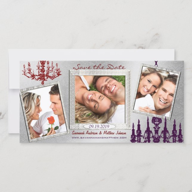 Silver Damask Chandelier Red & Plum Save The Date (Front)