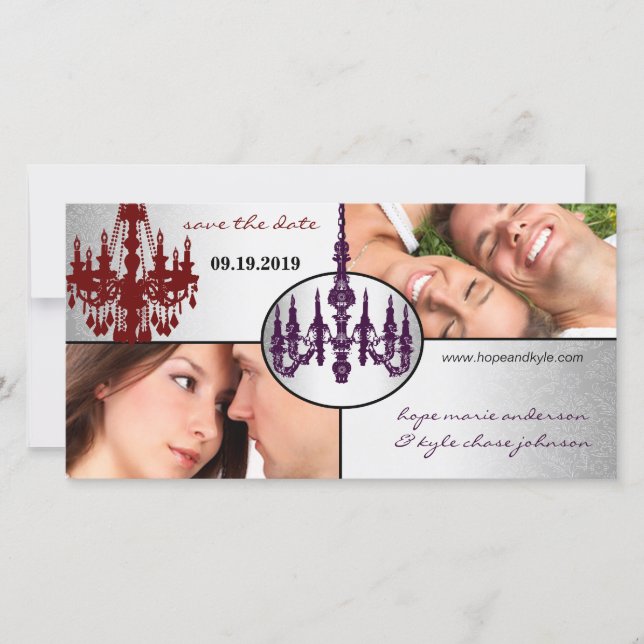 Silver Damask Chandelier Save The Date Photo (Front)