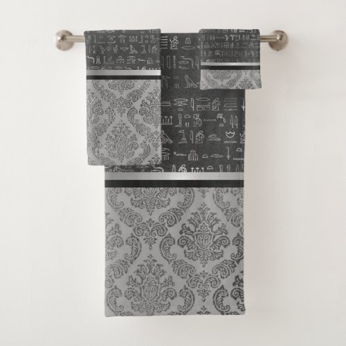 Silver Damask Egyptian Hieroglyphs  Bath Towel Set