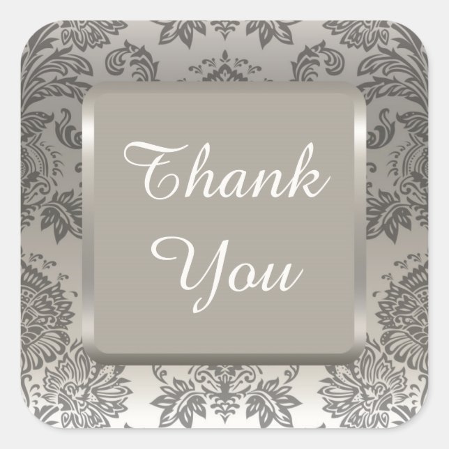 SILVER DAMASK Elegant Wedding Thank You Stickers (Front)