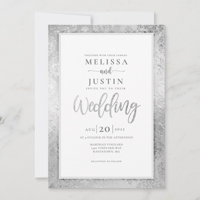 Silver Damask floral Wedding invitation (Front)