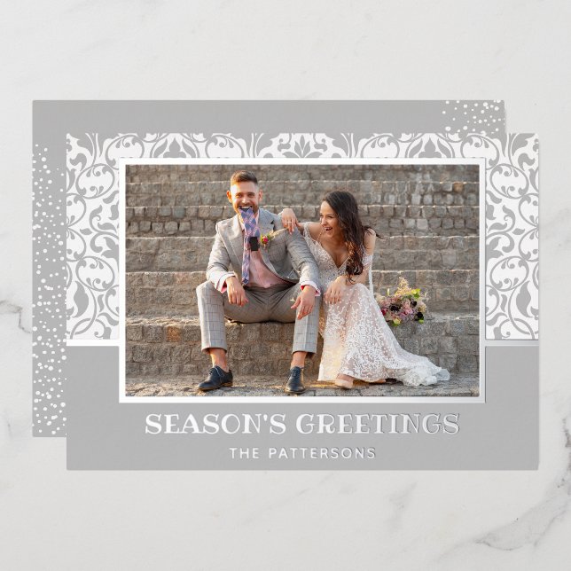 Silver Damask Foil Holiday Card (Front/Back)