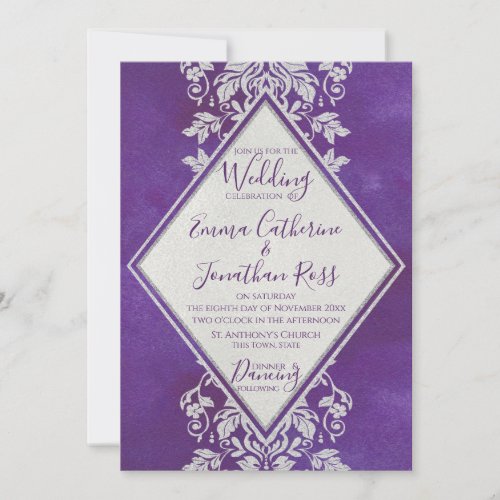 Silver Damask Geometric Diamond Purple Wedding Invitation