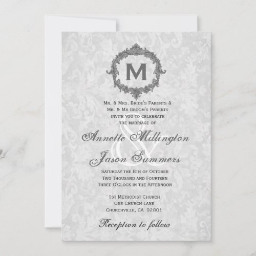 Silver Damask Gray Vintage Frame Monogram Wedding Personalized Announcement