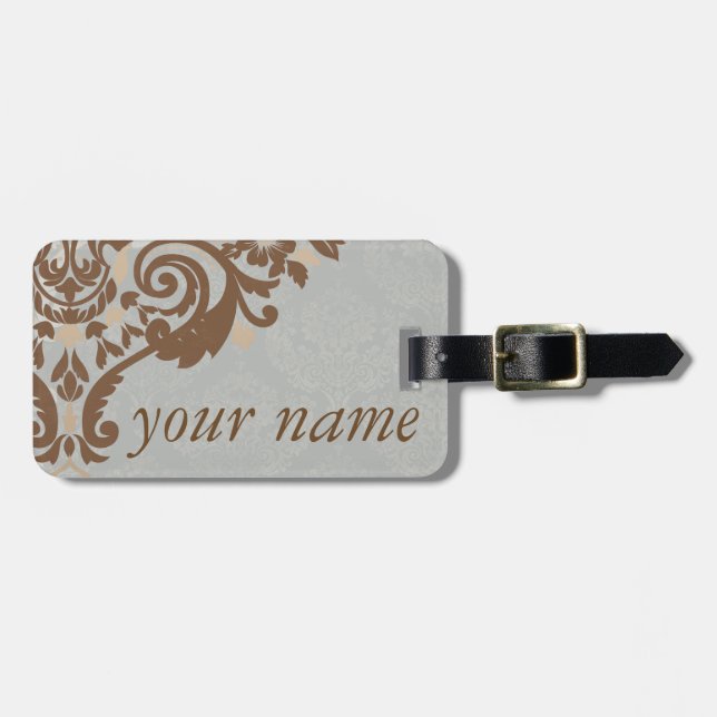 Silver Damask Jacquard Luggage Tag (Front Horizontal)