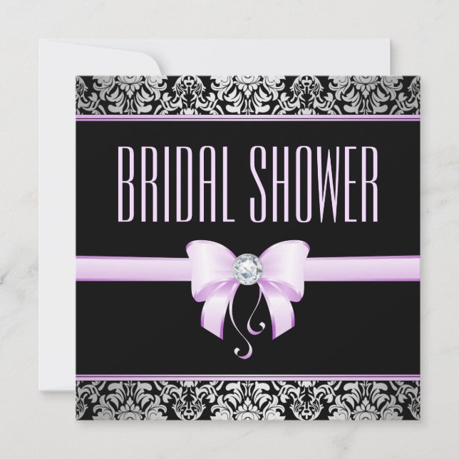 Silver Damask, Lilac Bow & Diamond Bridal Shower Invitation (Front)