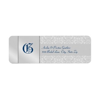 Silver Damask Monogram Blue Wedding Address Label by TheInspiredEdge at Zazzle