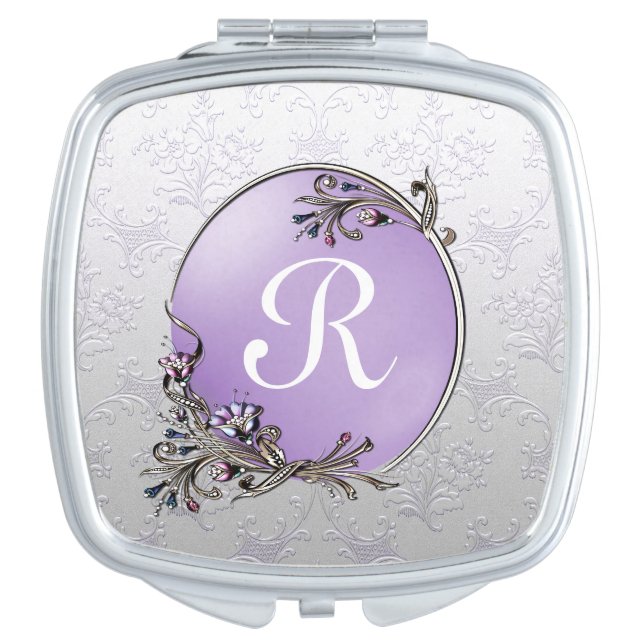 Silver Damask Monogram Compact Mirror (Front)