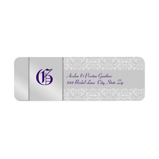 Silver Damask Monogram Purple Wedding Label (Front)