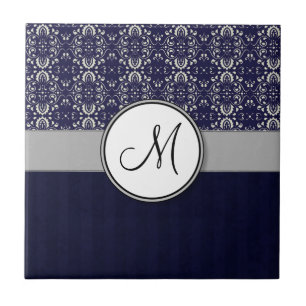Silver Damask on Blue with Stripes and Monogram Ceramic Tile
