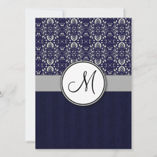 Silver Damask on Blue with Stripes and Monogram Invitation