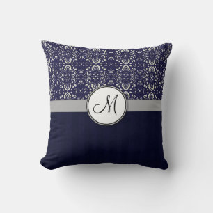 Silver Damask on Blue with Stripes and Monogram Throw Pillow