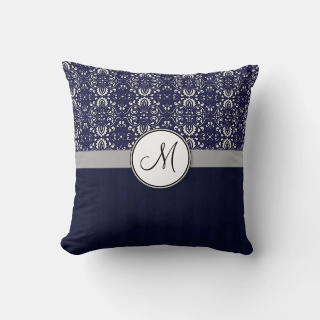 Silver Damask on Blue with Stripes and Monogram Throw Pillow (Front)