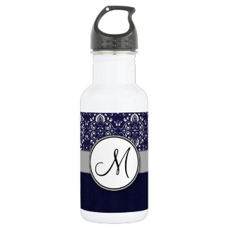 Silver Damask on Blue with Stripes and Monogram Water Bottle