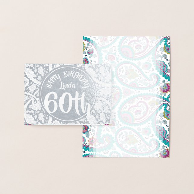 Silver Damask Paisley 60th Birthday personalized C Foil Card (Display)