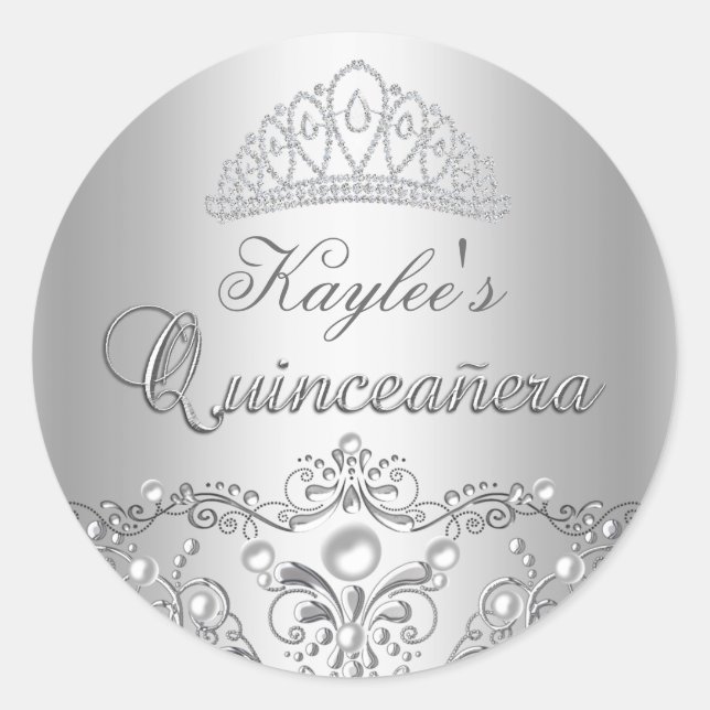 Silver Damask Pearl Quinceanera Sticker (Front)