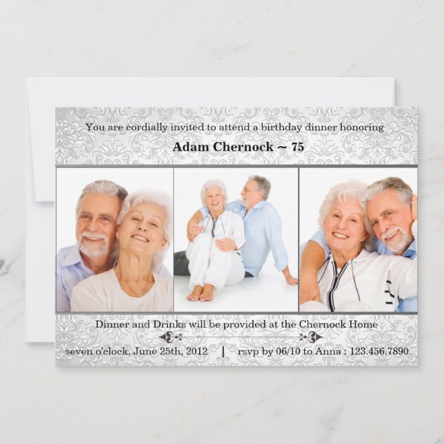 Silver damask photo birthday party invitation (Front)