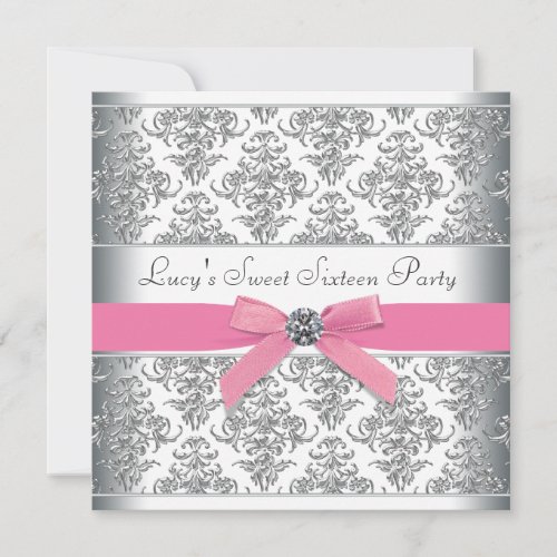 Silver Damask Pink Sweet Sixteen Birthday Party Personalized Announcement