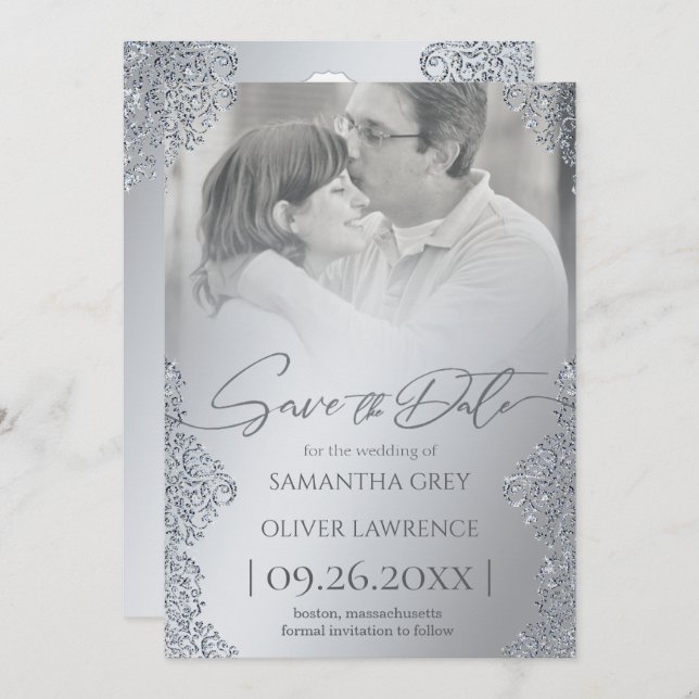 Silver Damask Save the Date Card with Photo (Front/Back)