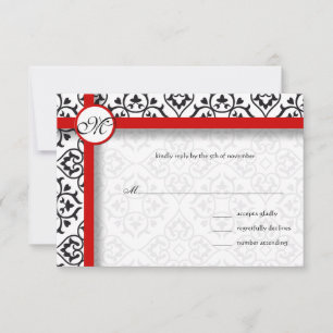 Silver Damask Side Borders Red Trim Wedding RSVP Card