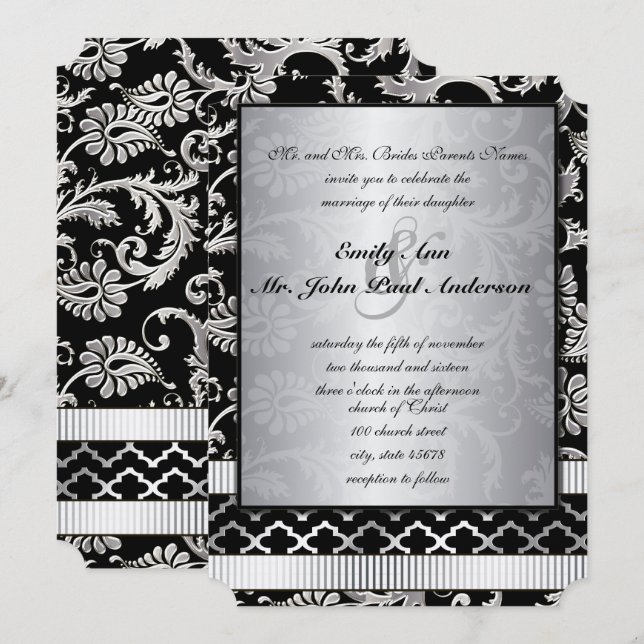 Silver Damask Swirls Wedding Invitation (Front/Back)