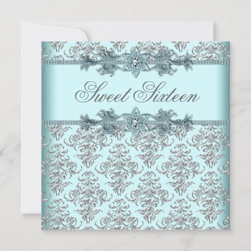 Silver Damask Teal Blue Sweet 16 Birthday Party Custom Invite